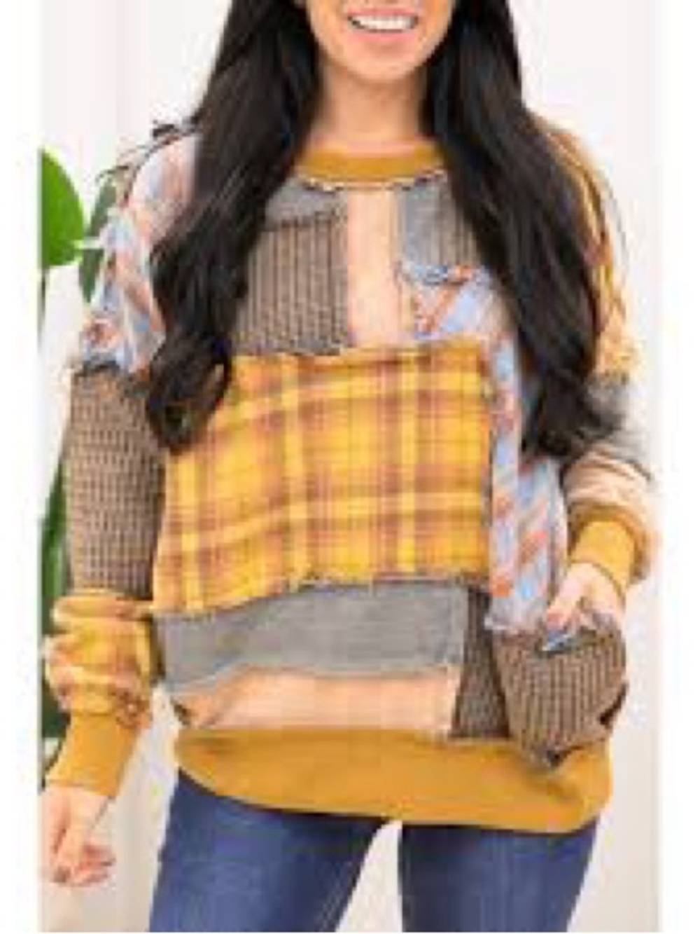 Oli & Hali Washed Mixed Fabric Plaid Pullover in a mustard combo raw seam large - Picture 7 of 7